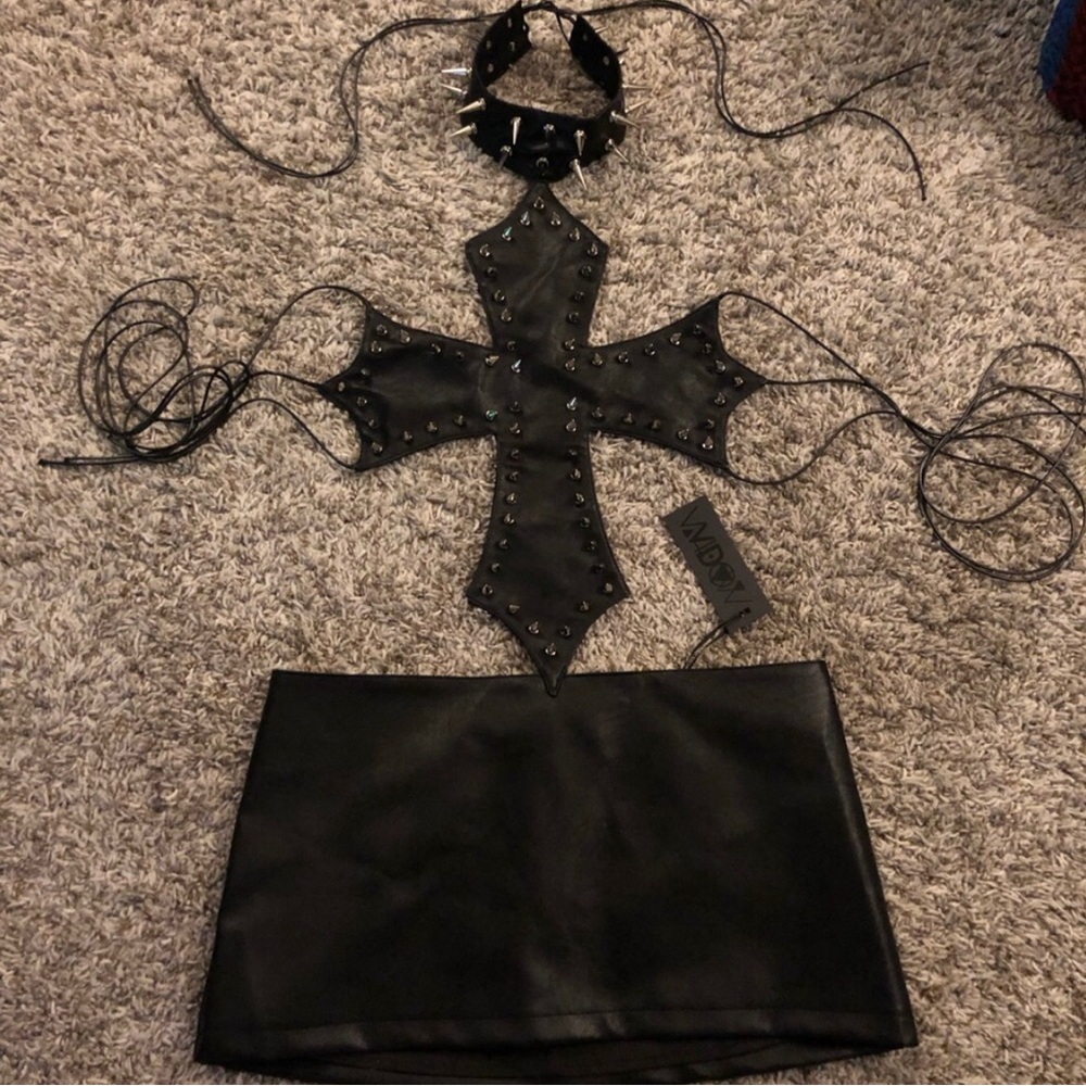 Dolls Kill Widow stolen Omens Black Studded Cross Halter Mini Dress M